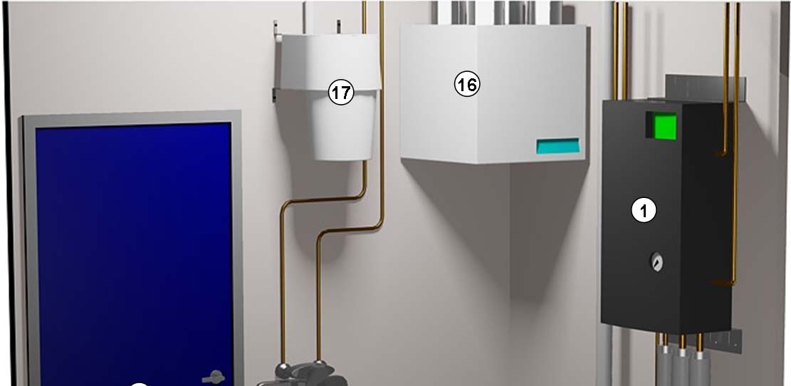 Ohje 4 (12) Kuvissa olevat laitteet numeroituna 1 Lämmönjakokeskus 2 Kytkentäkaavio 3 Lämpömäärämittari 4 Silumiinrasia