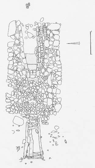 Masuunit, rautaruukit ja kuparinsulattamot Someron Åvikin lasihytin sulatusuunin raunion mittauspiirros. Lähde Matiskainen, Haggrén & Vanhatalo 1991: Lasitutkimuksia VI, s. 43.