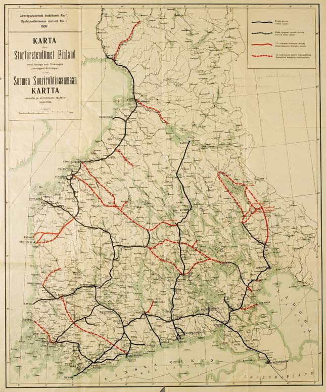 Suomen Suuriruhtinaanmaan valmiit (musta) ja ehdotetut (punainen) rautatielinjaukset. Rautatievaliokunnan mietintö N:o 1, v. 1906. Kuva Museoviraston kuva-arkisto.