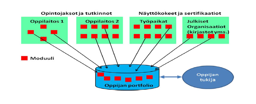 29 Kuva 7 Oppijan osaamisportfolion muodostuminen Oppimisen poluilla oppijan tarvitsemat oppisisällöt (kuten kurssit ja harjoitukset) muuttuvat tilanteen mukaan.