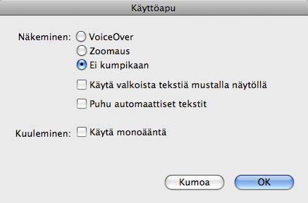 3 Osoita Yhteenveto-välilehden Asetukset-osiossa Muokkaa Käyttöapua. 4 Valitse ne käyttöapuominaisuudet, joita haluat käyttää, ja osoita OK.