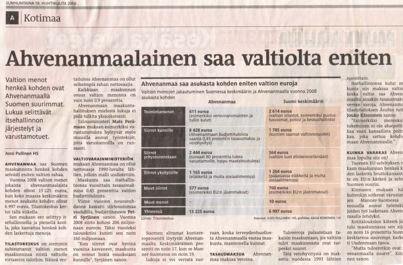 Kuva 16. Ahvenanmaa on Euroopan varakkaimpia alueita ja sen rikkauden maksavat paljolti suomalaiset veronmaksajat (Helsingin Sanomat 18.4.2010). on alkanut herättää laajempaa huomiota.