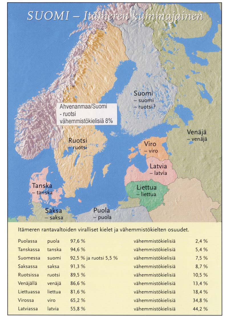 Kuva 17. Itämeren kaikki rantavaltiot Manner-Suomea lukuun ottamatta ovat virallisesti yksikielisiä.