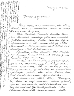 Elna Veikolle (osoitettu reservin alik. Veikko Orkasalolle, Kankaanpää RUK, päiväys: Vanaja 4.6.1940): Veikko veljelleni!