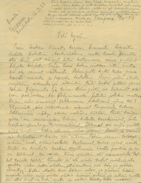 murheellista asiaa. Teitä kaikkia muistellen riipustan puumerkkini Veikko Tammisaaren titaaja kirjoittaa Jussi Eerolle (päiväys: Tammisaari 19.6.1940): Terve veli perheinesi!