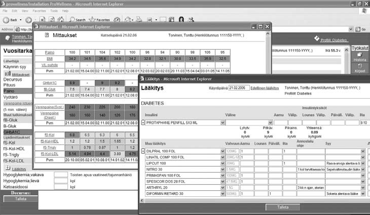 Käyttäjätiedon haasteet tuotekehityksessä Varhaisten konseptien luominen ja arvioiminen 229 Kuva 36 Diabetestietokannan vuositarkastusnäkymä, josta avattu mittaus- ja lääkityslakanat.