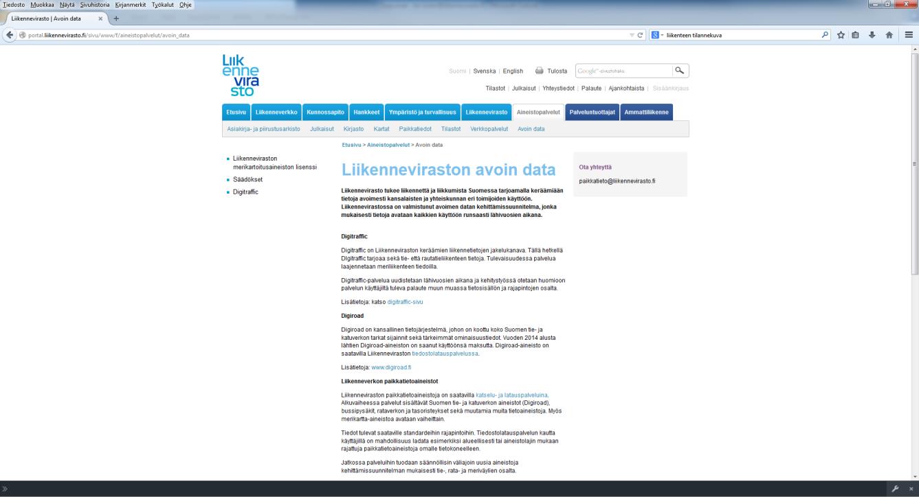 Avoin data palvelu http://portal.liikennevirasto.