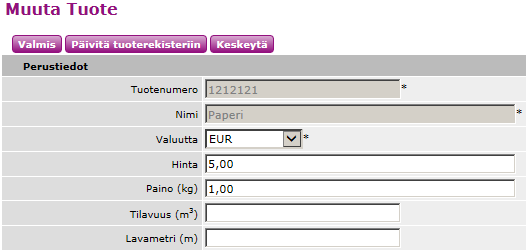 6 Voit päivittää muutetut tiedot tuoterekisteriin valitsemalla koskevat vain kyseistä lähetystä, valitse.. Jos muutetut tiedot Esimerkki Lähetys halutaan kirjata. Lähetys koostuu yhdestä kollista.