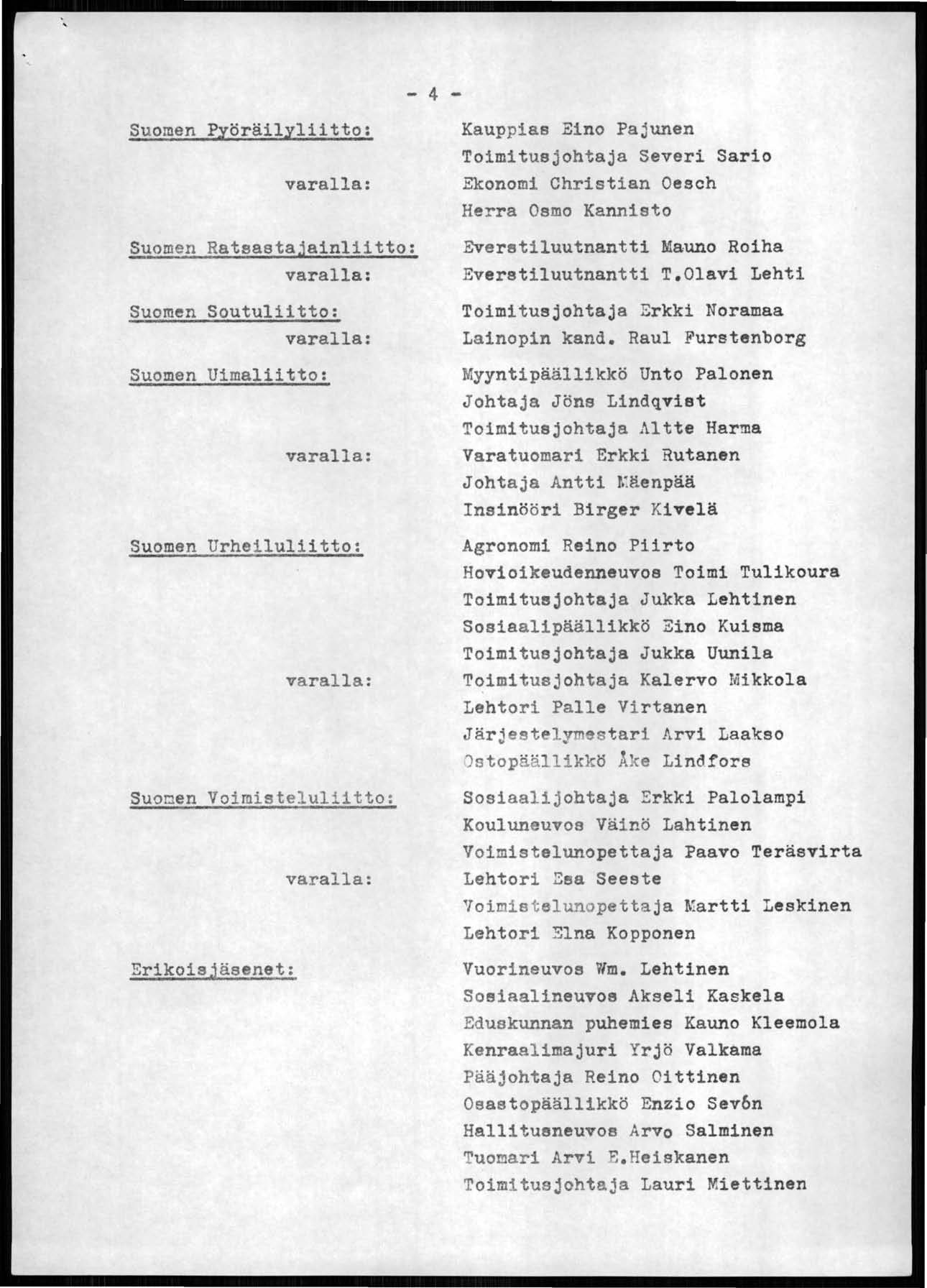 Suomen Pyöräilyliitto: Suomen Ratsastajainliitto: Suomen Soutuliitto: Suomen Uimaliitto: Suomen Urheiluliitto: Suooen Voimisteluliitto: Erikoisjäsenet: - 4 - Kauppias Eino Pajunen Toimitusjohtaja