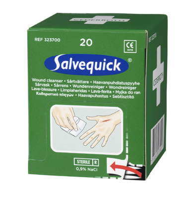 20 x Salvequick haavapyyhe (11 x 12 cm), jossa 0,9 % keittosuolaliuos. Steriilejä, yksittäispakattuja. Sopii Cederroth ensiapuasemaan.