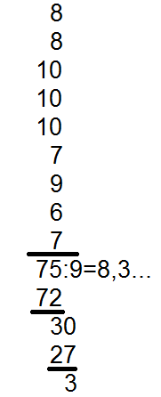 Ensin lasketaan yhteen lähtöarvot ja saadaan summaksi seitsemänkymmentäviisi. Seitsemän on lähtöarvojen lukumäärää eli yhdeksää pienempi, eli otetaan koko tuo luku jaettavaksi.