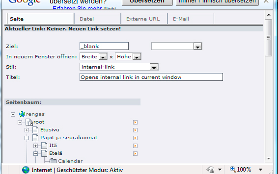 Voit luoda linkin renkaan omille sivuille (Seite), Lataamiisi tedostoihin; kuviin tai pdf dokumenttiin (Datei), ulkoiselle