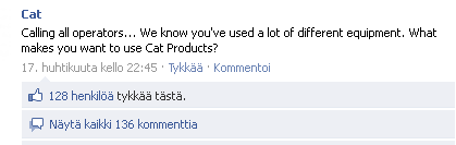 1.3.2011 8.3.2011 15.3.2011 22.3.2011 29.3.2011 5.4.2011 12.4.2011 19.4.2011 26.4.2011 3.5.2011 10.5.2011 17.5.2011 24.5.2011 31.5.2011 Caterpillarin tuotevalikoima on melko laaja kattaen mm.