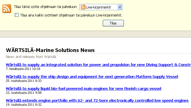 KUVA 35 Wärtsilän RSS-syötteet voi tilata eri liiketoiminta-aluetta koskien KUVA 36 Wärtsilän RSS-syötteet Yritykset STX ja Hyundai Heavy industries eivät olleet linkittäneet ollenkaan sosiaalista