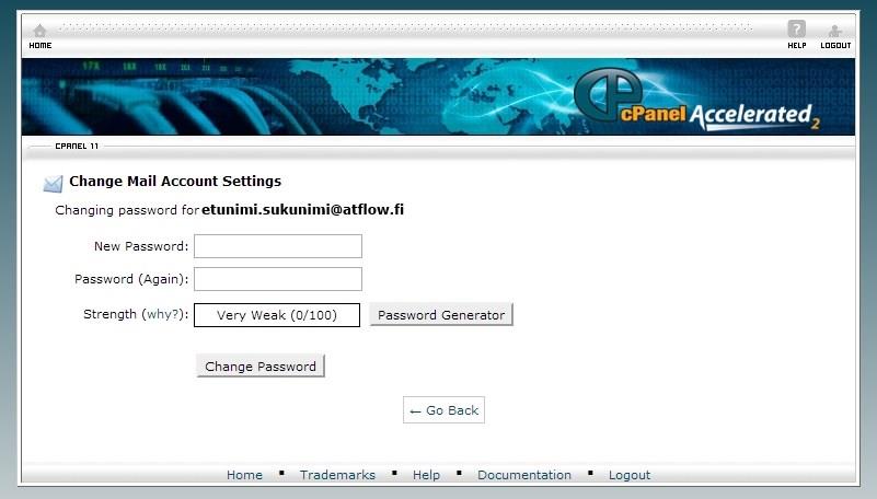 Salasanan vaihto onnistuu syöttämällä uuden salasanan sille osoitettuihin kenttiin ja painamalla Change Password (Kuva 9).
