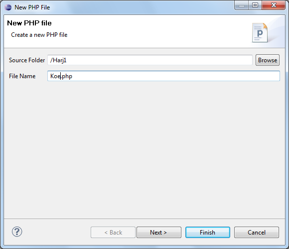 Jos haluat tehdä PHP ohjelman, klikkaa New/PHP File. Saat seuraavan näkymän: Source Folder on oikein.