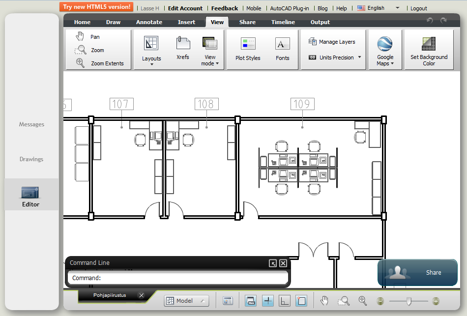 AutoCAD 360 tarjoaa perustason AutoCAD-työkalut piirustuksen muokkaamiseen.