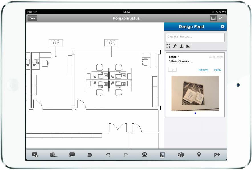 Kuvien liittäminen kommenttiin on näppärää varsinkin AutoCAD 360 - mobiilisovelluksessa, koska liitettävän kuvan voi ottaa laitteen kameralla.