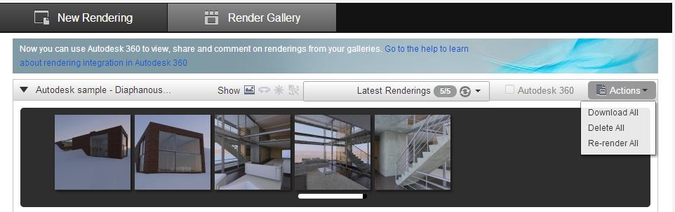 Render Gallery -painikkeella pääset tarkastelemaan tehtyjä renderöintejä. Actions-valikosta voit ladata kuvat omalle koneellesi tai renderöidä 3Dmallin uudelleen erilaisilla asetuksilla.