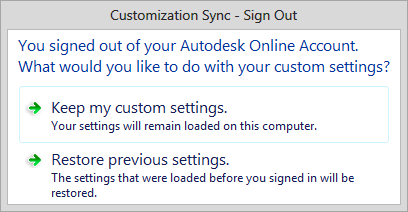 Custom Settings sync -kohdassa voit valita, tallennetaanko AutoCADohjelman asetuksia pilvipalveluun. Kun Sync my settings on valittuna, tallennus tapahtuu automaattisesti taustalla.