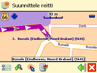 ❺ Valitse näytössä Loppupiste seuraava reittipiste (välipysähdys) matkaasi varten (Eindhoven). Toista kohta ❺ niin monta kertaa kuin on tarpeen! ❻ Reitti on suunniteltu. Koko reitti näkyy kartalla.