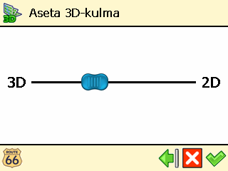 Aseta 3D-kulma ❶ Valitse Päävalikko Karttavaihtoehdot. ❷ Paina painiketta Aseta 3D-kulma. ❸ Paina ja pidä painettuna liukupainiketta.