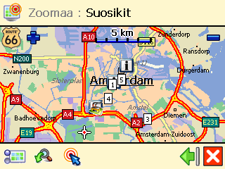 Näytä suosikit / Piilota suosikit ❶ Valitse Päävalikko Karttavaihtoehdot. ❷ Valitse Näytä suosikit näyttääksesi omat suosikkisi kartalla.