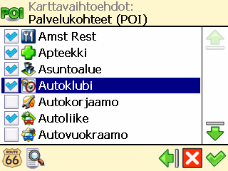 Palvelukohteet (POI) ❶ Valitse Päävalikko Karttavaihtoehdot. ❷ Valitse Palvelukohteet (POI). ❸ Lista, joka sisältää kaikki POI-luokat tulee näkyviin.