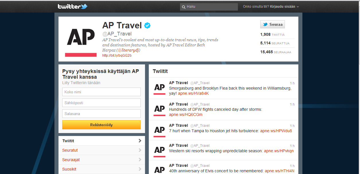 7.4 AP Travel 1. Kanavan nimi AP Travel (Twitter) 2. Sivuston luonne (portaali, myyntikanava, sos.media, muu teemakohtainen http://twitter.com/#!