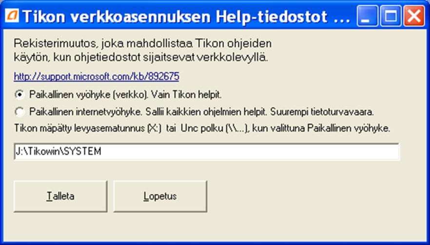 Toukokuu 2012 29 (30) 10. Tikon ohjelmien sisäisten ohjeiden käyttöönotto verkkoympäristössä Tikon ohjelmien HTML-helppien Chm-tiedostot eivät avaudu verkkolevyltä ilman rekisterimuutoksia.