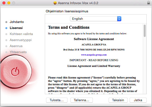 Asennus/asennuksen poistaminen Infovox ivoxin asentaminen Infovox ivox jaetaan levyn näköistiedostolla (tiedostotunniste.dmg) tai DVD:llä.