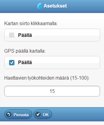 Asetukset Asetukset-näyttö on avattavissa kirjautumisnäytöltä, työkohdelistalta sekä karttanäytöltä.