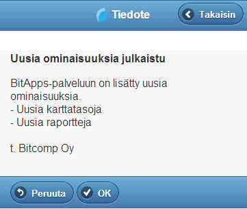 Tiedotteiden lukeminen Työkohdelistan näyttämisen yhteydessä sovellus tarkistaa BitApps-palvelusta, onko sinulle lähetetty uusia tiedotteita, joita et ole vielä lukenut. Tiedotteita lähetetään mm.