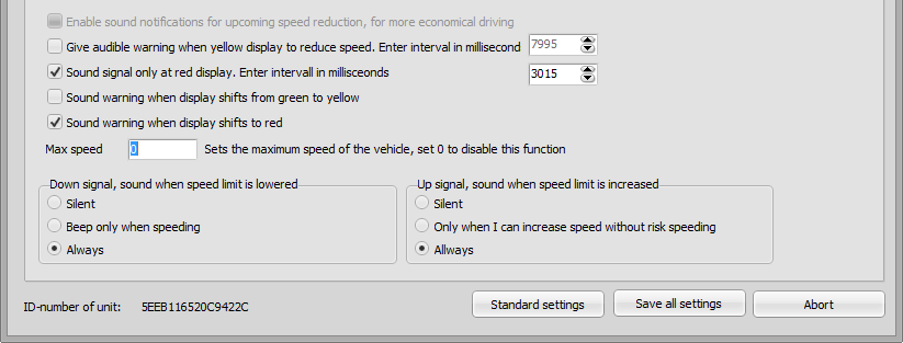 Settings asetukset -ISA Give audible warning when yellow display to reduce speed. Enter interval in millisecond = Anna varoitusääni kun näyttö vaihtuu keltaiseksi hiljentääksesi vauhtia.