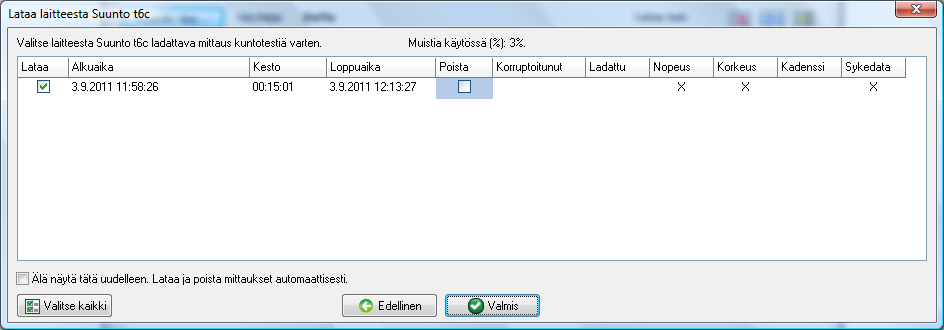 OHJAAJAN PIKAOHJE - Uploader ohje Kuntotestiin Sykedatan siirto. Valitse ladattavat mittaukset. Kuntotestin voi tehdä vain mittauksista, joissa on sykedatan lisäksi nopeus- ja korkeuskäyrä.