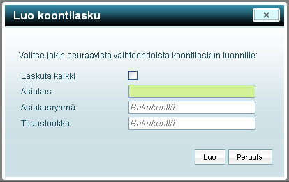 28 (47) Koontilaskutus-toiminnolla voit laskuttaa vaihtoehtoisesti kaikki laskuttamattomat toimitukset, tietyn asiakkaan, tietyn asiakasryhmän tai tietyn tilausluokan.