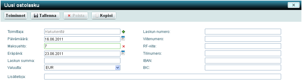 36 (47) 7.2 Ostolaskun tietojen täyttäminen Ostolaskun tiedot ovat suhteellisen helppo täyttää. Valitaan toimittaja ja mikäli toimittaja on jo olemassa, tulevat hänen tiedot tilinumerot yms.