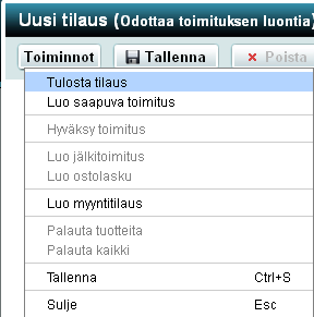 43 (47) 8.2 Ostotilauksen tulostaminen Kun tuotteet on syötetty, voidaan ostotilaus tulostaa ikkunan Toiminnot-napista: 8.