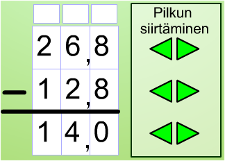 10.2.11. Vähennyslasku allekkain (helpompi) Harjoituksessa on kahden desimaaliluvun vähennyslaskuja allekkain. Molemmissa luvuissa on yksi desimaali.