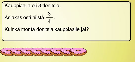 11. Luokka 5 11.1. Murtoluvut 11.1.1. Murto-osan laskeminen luvusta Samanlainen harjoitus kuin neljännen luokan harjoitus 10.3.1. Erona on se, että mukana on myös nimittäjät 5 ja 6 sekä luvut ovat hieman laajemmalta väliltä 2.