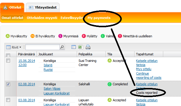 MY PAYMENTS Tässä tuomari voi seurata omien laskujen tilaa: Erotuomari vahvistanut matkalaskun, mutta Valvoja ei ole vielä tarkistanut = Valvojan hyväksynyt laskun, joka on nyt menossa