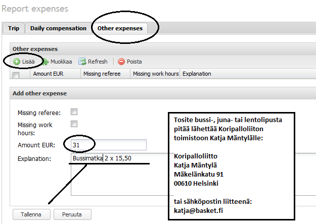 JULKINEN KULKUNEUVO OTHER EXPENSES Jos käytät matkaan julkista kulkuneuvo, lisää matka Other expenses osioon: klikkaa Other expenses klikkaa lisää kirjoita matkalipun hinta kirjoita selitysosaan,