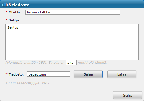 1.4.8 Liitetiedoston (png) lisääminen laskulle Laskulle voi myös lisätä tiedoston, mutta toistaiseksi vain png-formaatissa. Liitetiedostoja voidaan lisätä kuvan yläpuolella olevasta painikkeesta.