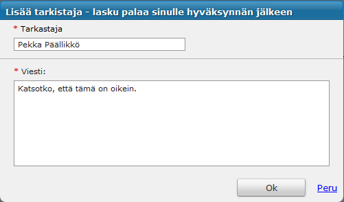 1.5.3 Siirrä Laskun voi siirtää toiselle käyttäjälle esimerkiksi jos lasku on tullut väärälle henkilölle. 1.5.4 Lisää tarkastaja Kierrätyslistalle voi lisätä yhden henkilön tarkastajaksi.