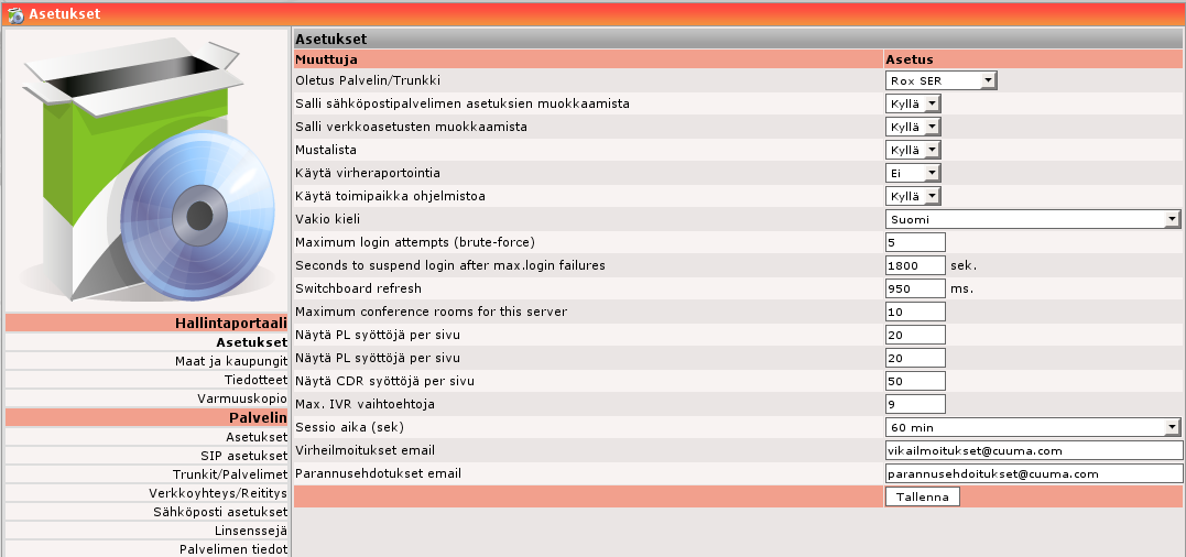 4.2 Asetukset 4.2.1 Hallintaportaalin asetukset Oletus Palvelin/Trunkki: Tässä valittu palvelin on oletuspalvelimena ohjauksissa käyteyissä palvelimissa.