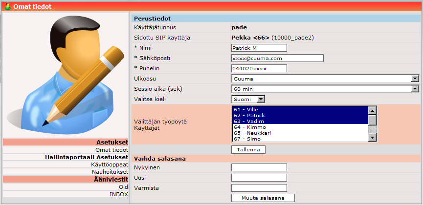 3.1 Omat tiedot 3.1.2 Hallintaportaali Asetukset Perustiedot Käyttäjätunnus näyttää käyttäjän tunnuksen. Sidottu SIP- käytäjä näyttää tämän hetkisen käyttäjälle sidotun käyttäjän / puhelinnumeron.