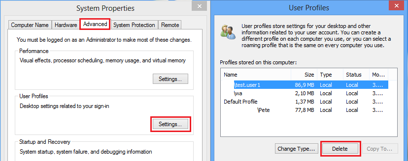 Roaming Profiles poistaminen työasemasta Poista työaseman profiilit joko GUIn kautta View Advanced System Settings tai