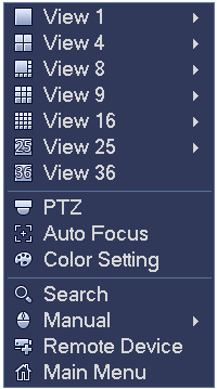 Näytön jakaminen: voit valita näytettävien kanavien lukumäärän. PTZ: avaa PTZ-valikon. Auto focus: voit asettaa auto focus toiminnon päälle. Varmista että kytketty IP-kamera tukee tätä toimintoa.