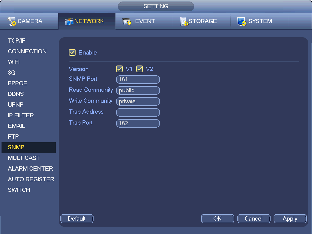 Kuva 105 Rastita valintaruutu ottaaksesi SNMP-toiminto käyttöön. Asenna ohjelmistotyökalut (MIB Builder ja MG-SOFT MIB Browser.