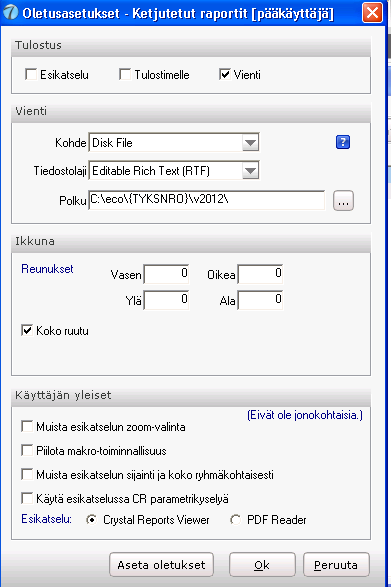 Jonon raporteille on muistettava muuttaa oikea vuosi (Ketjutetut raportit Raporttijonojen määrittelyt). Huomaa myös päivämäärien esitysmuoto!